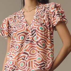 Anthropologie Multicolor Geometric Smocked V-Neck Blouse